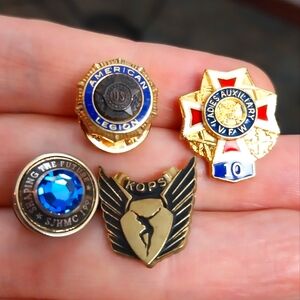 Vintage lapel pins, VFW ladies auxiliary 10, US American legion, KOPS and SJHMC